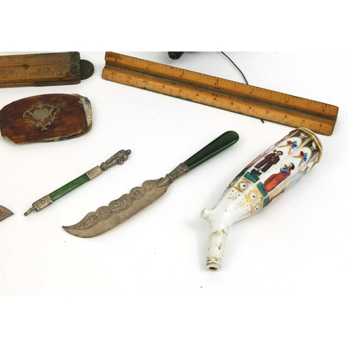 151 - Antique and later objects including silver bladed butter knives, ivory aide memoire, Victorian woode... 