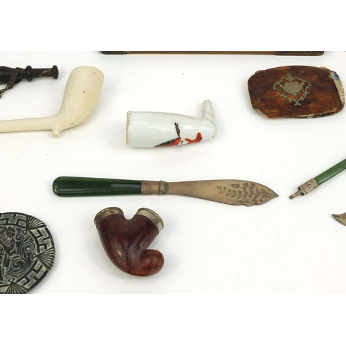 151 - Antique and later objects including silver bladed butter knives, ivory aide memoire, Victorian woode... 