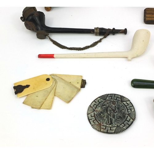 151 - Antique and later objects including silver bladed butter knives, ivory aide memoire, Victorian woode... 