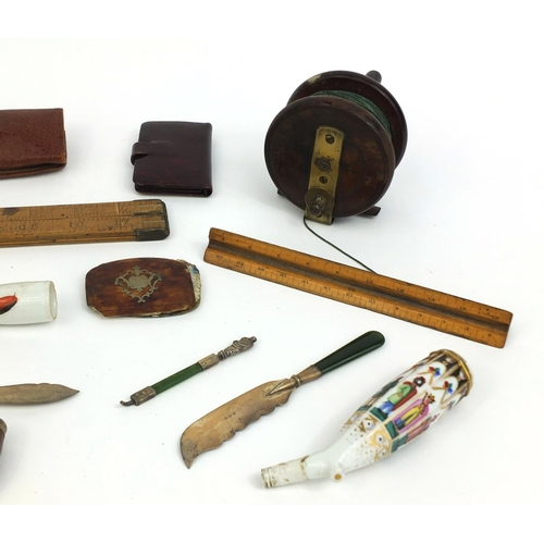 151 - Antique and later objects including silver bladed butter knives, ivory aide memoire, Victorian woode... 