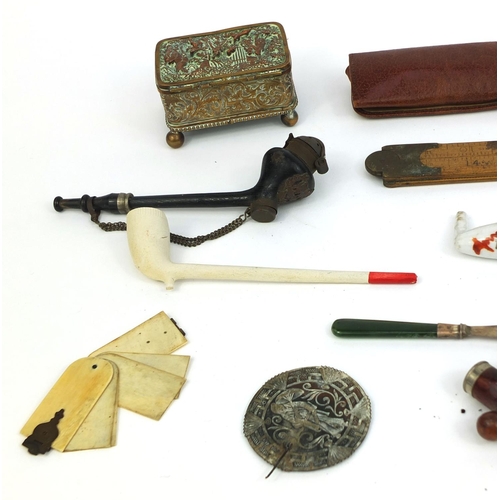 151 - Antique and later objects including silver bladed butter knives, ivory aide memoire, Victorian woode... 