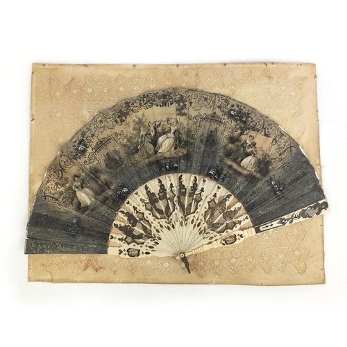 86 - 19th century hand coloured fan, with bone sticks, decorated with classical figures in an exterior am... 