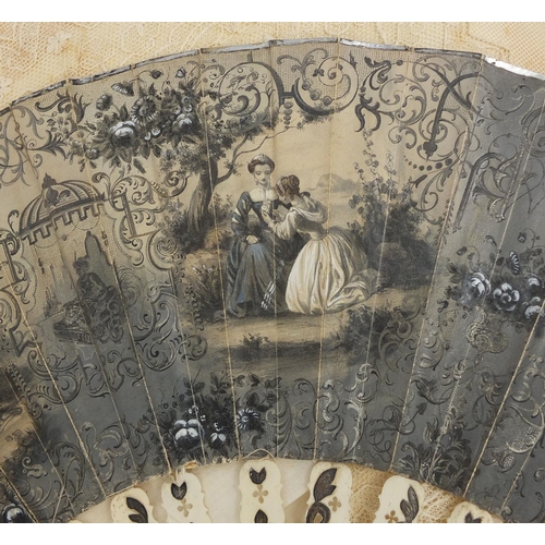 86 - 19th century hand coloured fan, with bone sticks, decorated with classical figures in an exterior am... 