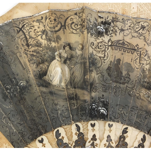 86 - 19th century hand coloured fan, with bone sticks, decorated with classical figures in an exterior am... 