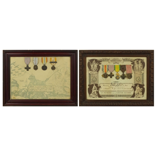 355 - Two framed displays of World War I French medals awarded to Caporal Coste Louis, each 39cm x 29cm ex... 