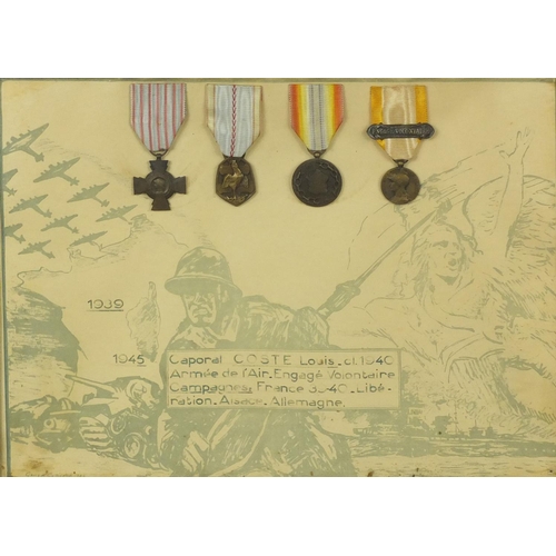 355 - Two framed displays of World War I French medals awarded to Caporal Coste Louis, each 39cm x 29cm ex... 