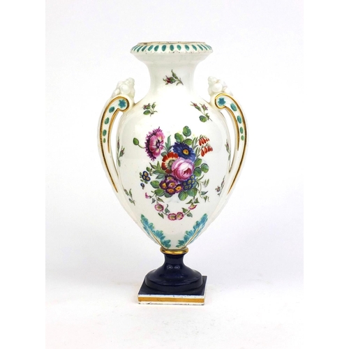 671 - 19th century French twin handled porcelain urn shaped vase hand painted with panels of flowers, 24cm... 