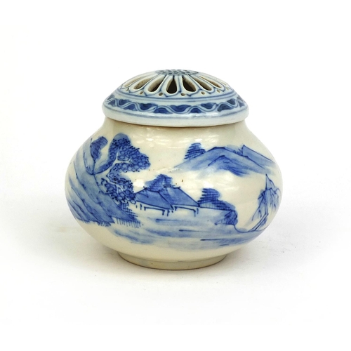 502 - Japanese Hirado porcelain koro and cover, hand painted with a mountain landscape, 9cm high