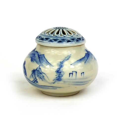 502 - Japanese Hirado porcelain koro and cover, hand painted with a mountain landscape, 9cm high