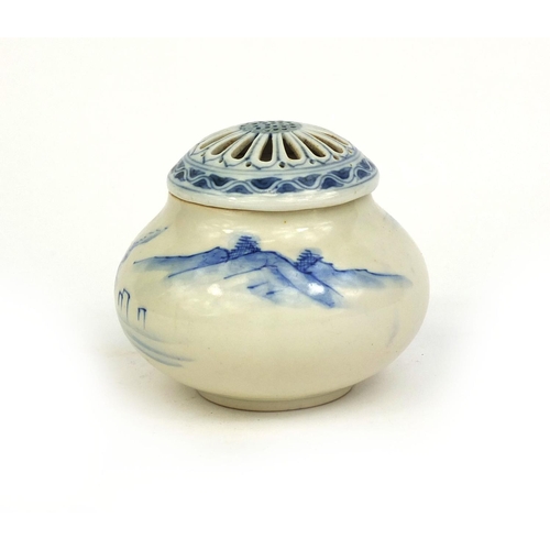 502 - Japanese Hirado porcelain koro and cover, hand painted with a mountain landscape, 9cm high