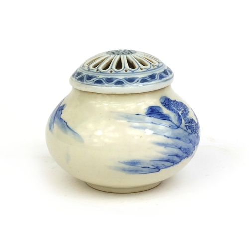 502 - Japanese Hirado porcelain koro and cover, hand painted with a mountain landscape, 9cm high