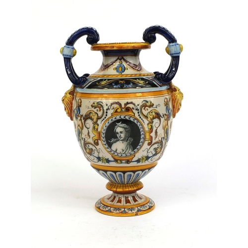 677 - Italian Maiolica twin handled urn shaped vase, hand painted with Diana the Huntress surrounded by my... 