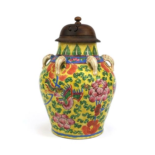 478 - Chinese six handled jar with wooden cover, hand painted in the famille rose palette onto a yellow gr... 