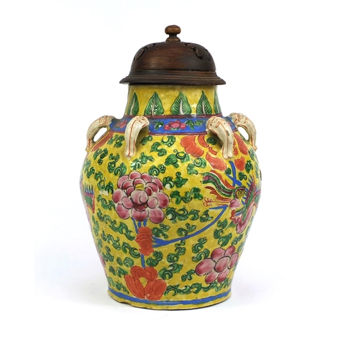 478 - Chinese six handled jar with wooden cover, hand painted in the famille rose palette onto a yellow gr... 