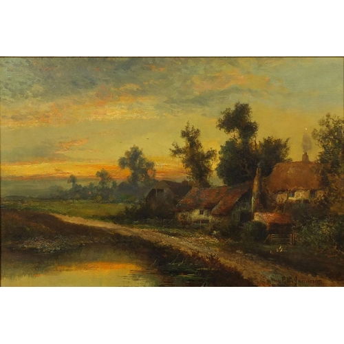 1305 - F E Jamieson - Oil onto canvas, cottage beside a lake, sunset landscape, gilt framed, 58cm x 39cm ex... 