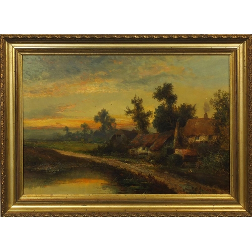 1305 - F E Jamieson - Oil onto canvas, cottage beside a lake, sunset landscape, gilt framed, 58cm x 39cm ex... 