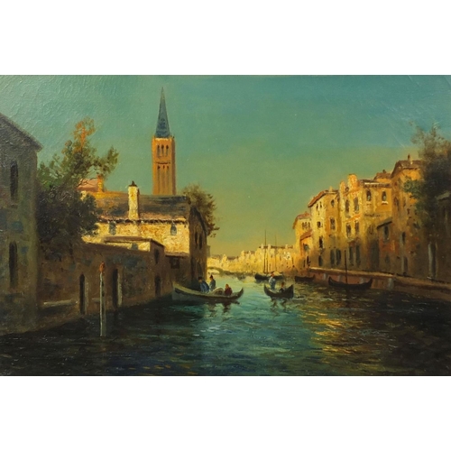 1193 - Circle of Bouvard - Pair of early 20th century oil onto canvases, Venetian canals, each with part la... 