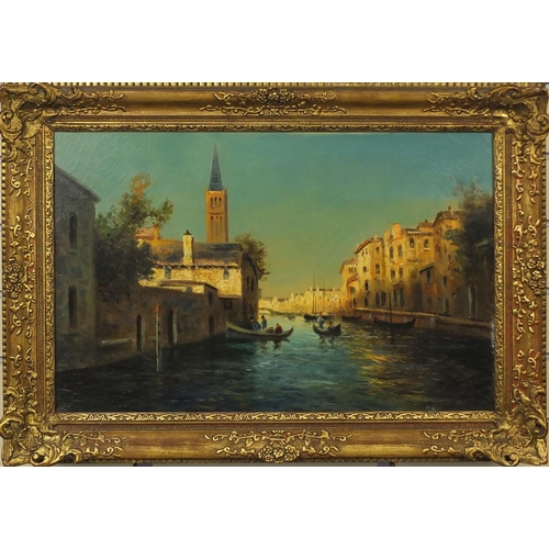 1193 - Circle of Bouvard - Pair of early 20th century oil onto canvases, Venetian canals, each with part la... 