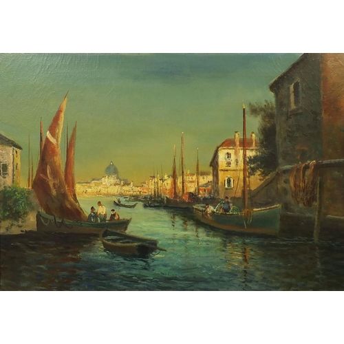 1193 - Circle of Bouvard - Pair of early 20th century oil onto canvases, Venetian canals, each with part la... 