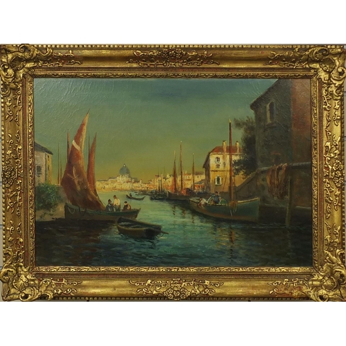 1193 - Circle of Bouvard - Pair of early 20th century oil onto canvases, Venetian canals, each with part la... 