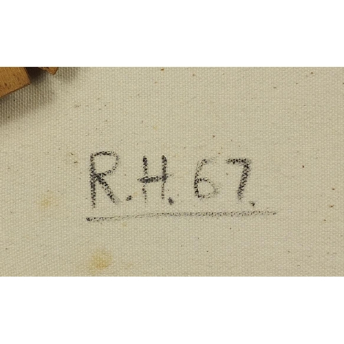 1117 - Oil onto canvas abstract composition, bearing a monogram RH, inscribed verso RH '67, ornately gilt f... 