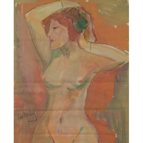 1287 - Watercolour onto paper, top half portrait, young nude female, bearing a signature Makady, framed, 66... 