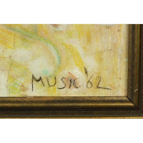 1243 - Oil onto card, abstract composition, bearing a signature Music '62, bearing an Italian label verso, ... 