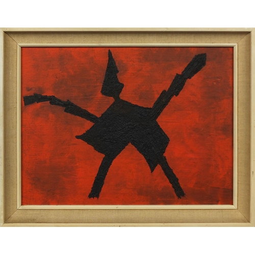 1169 - Acrylic onto canvas, black figure on red, bearing an inscription William Gear 1957 and title verso, ... 