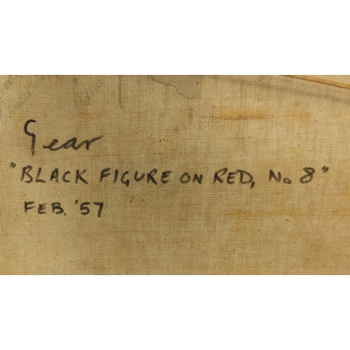 1169 - Acrylic onto canvas, black figure on red, bearing an inscription William Gear 1957 and title verso, ... 