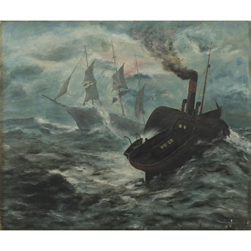 1302 - Unframed oil onto canvas, ships on rough sea, bearing a signature W Gilby, 61cm x 51cm