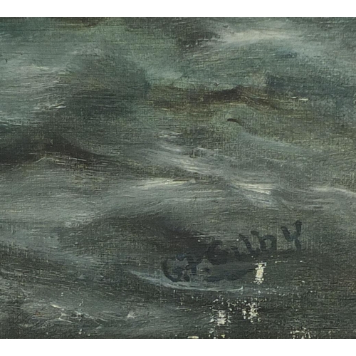 1302 - Unframed oil onto canvas, ships on rough sea, bearing a signature W Gilby, 61cm x 51cm