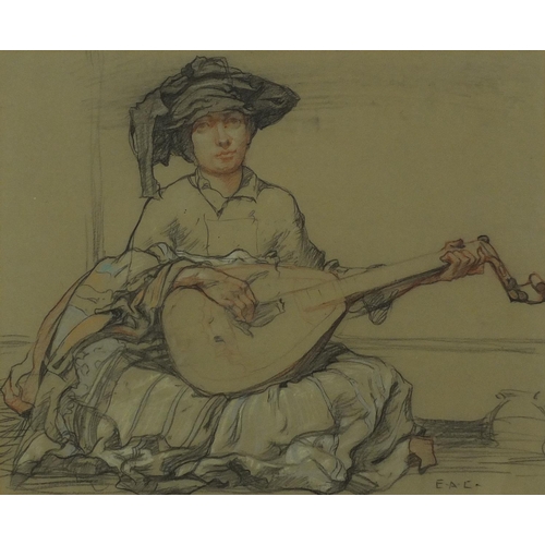 1310 - In the style of Frank Branwyn, mixed media seated female playing a mandolin, bearing initials E A C,... 