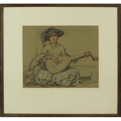 1310 - In the style of Frank Branwyn, mixed media seated female playing a mandolin, bearing initials E A C,... 