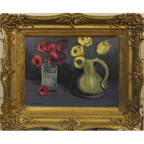 1178 - Oil onto board, still life flowers, bearing a signature Lambourg, label verso, ornately gilt framed,... 