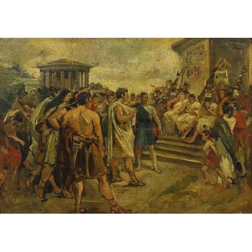 1124 - 19th century continental school oil onto canvas, Romans before the Emperor, ornately gilt framed, 56... 