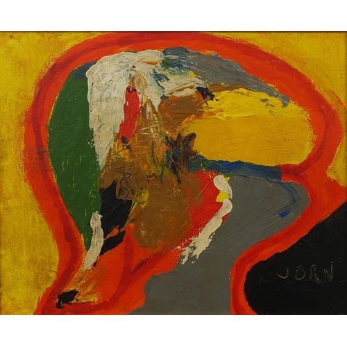 1284 - Oil onto canvas, abstract composition, bearing a signature Jorn, bearing a James Bourlet & Sons Ltd ... 