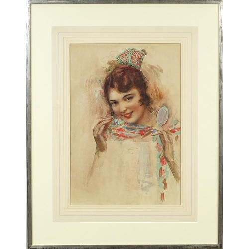 1200 - Continental school watercolour, young female top half portrait, mounted and framed, 48cm x 32cm excl... 