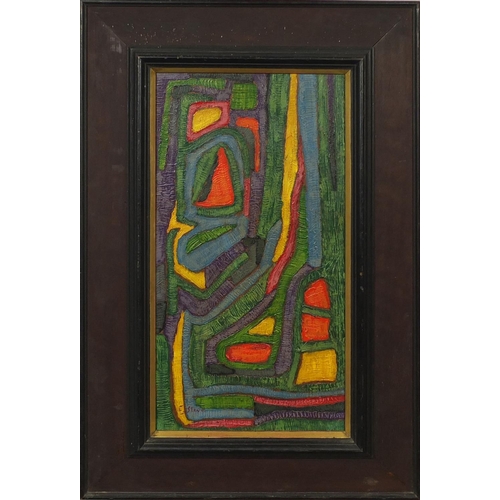 1304 - Oil onto panel abstract composition, bearing a signature, E Steve, framed, 46cm x 24cm excluding the... 