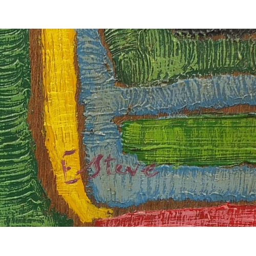 1304 - Oil onto panel abstract composition, bearing a signature, E Steve, framed, 46cm x 24cm excluding the... 