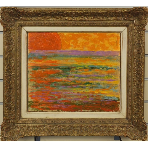 1187 - Post impressionist oil onto canvas board, sunrise seascape, bearing an indistinct signature Lackhof ... 