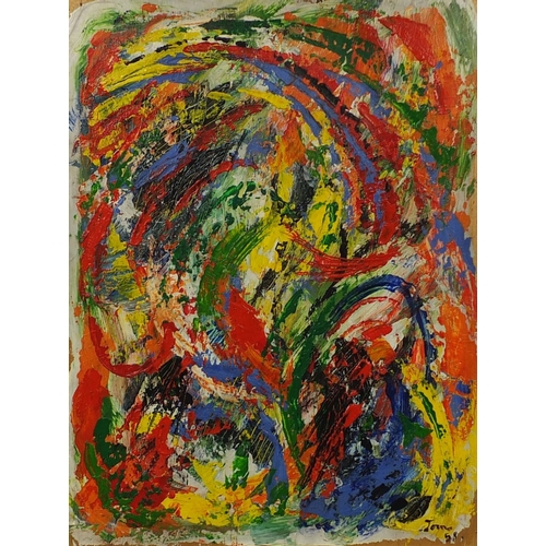 1312 - Oil onto board abstract composition, bearing a signature Joan '58 and part labels verso, framed, 59c... 