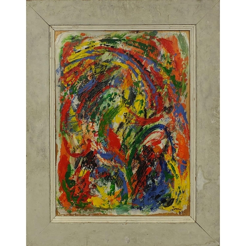 1312 - Oil onto board abstract composition, bearing a signature Joan '58 and part labels verso, framed, 59c... 