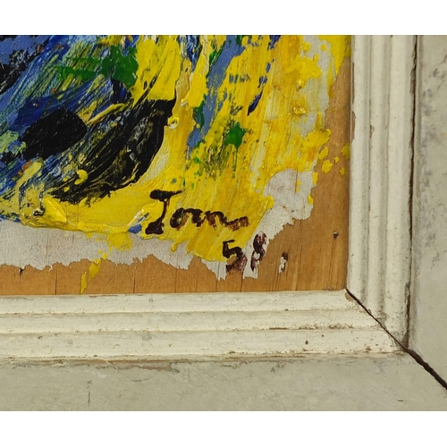 1312 - Oil onto board abstract composition, bearing a signature Joan '58 and part labels verso, framed, 59c... 