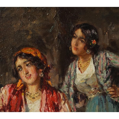 1111 - Giuseppe Giardiello - Early 20th century oil onto canvas, The Entertainer, figures in an interior, s... 