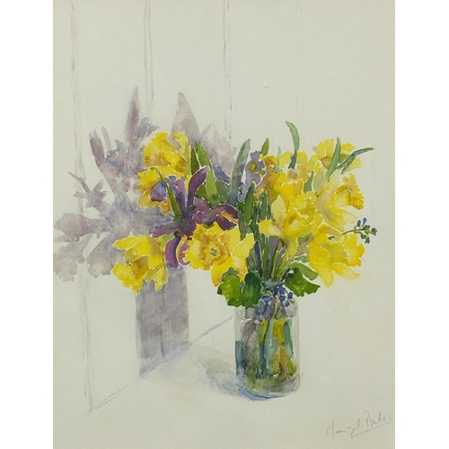 1321 - C Baker - Watercolour, still life Daffodils in a pot, inscribed label verso, mounted and framed, 46c... 