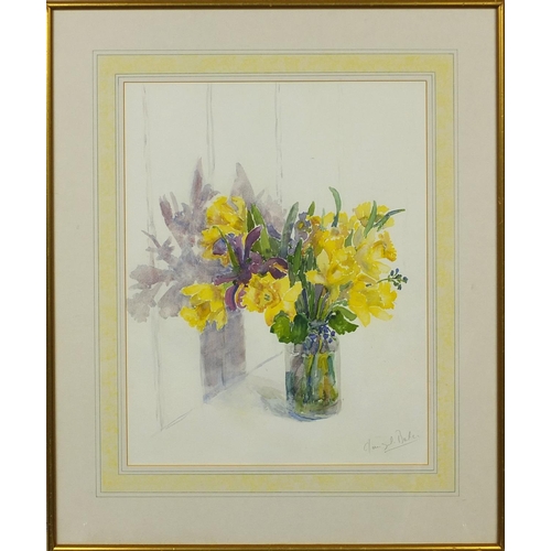 1321 - C Baker - Watercolour, still life Daffodils in a pot, inscribed label verso, mounted and framed, 46c... 