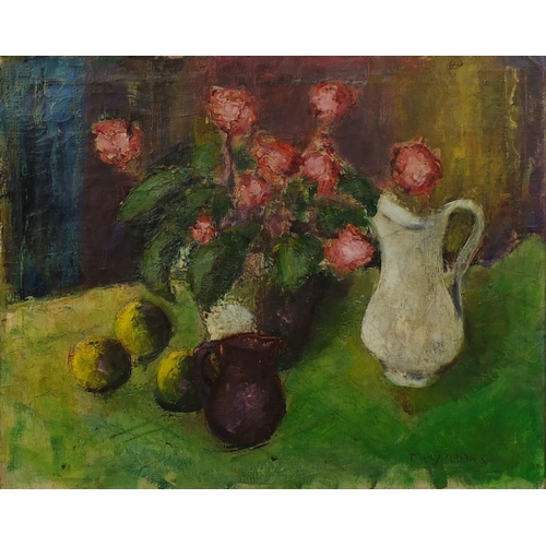 1311 - Oil onto canvas, still life, flowers and jugs, bearing a signature Mary Armoer, framed, 58cm x 49cm ... 