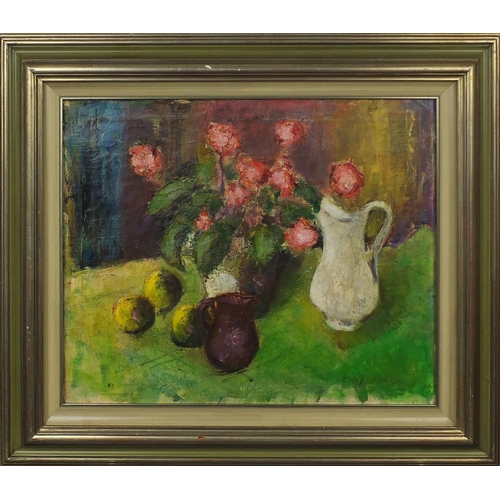 1311 - Oil onto canvas, still life, flowers and jugs, bearing a signature Mary Armoer, framed, 58cm x 49cm ... 