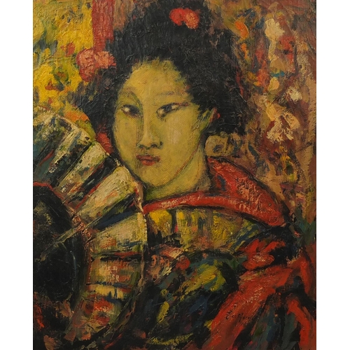 1273 - Oil onto canvas, Geisha girl, bearing a signature E Hornel 19?, inscribed verso, mounted and framed,... 