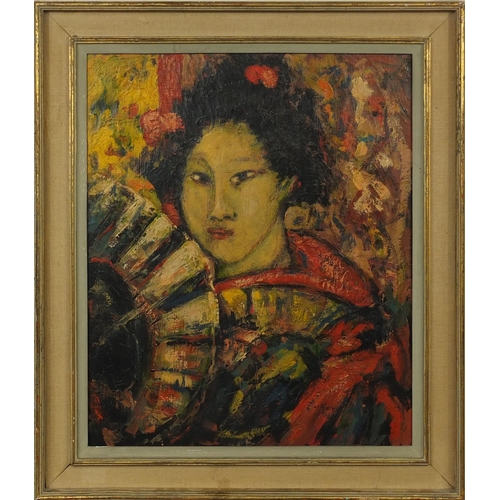 1273 - Oil onto canvas, Geisha girl, bearing a signature E Hornel 19?, inscribed verso, mounted and framed,... 